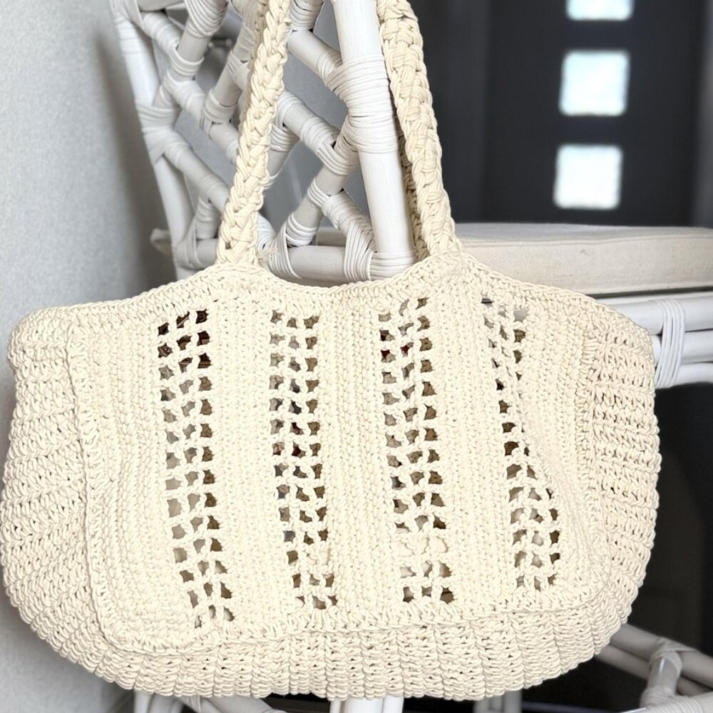 Handmade Crochet Cotton Beach Bag Crab Satchel Jumbo Tote Nautical Red White NWT - Picture 3 of 13